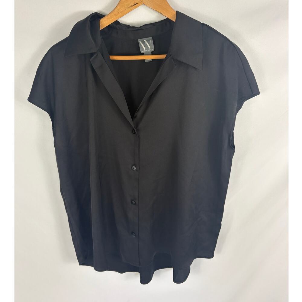 Worthington Satin Button Front Cap Sleeve Blouse Black Size Medium
